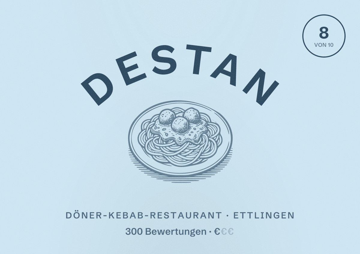 Illustriertes Poster von DesTan, Döner-Kebab-Restaurant in Ettlingen: Bewertung 8 von 10 aus 300 Bewertungen, Preisniveau €