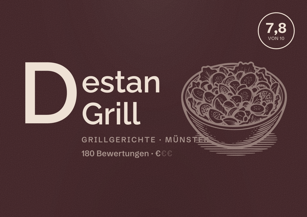 Illustriertes Poster von Destan Grill, Grillgerichte in Münster: Bewertung 7,8 von 10 aus 180 Bewertungen, Preisniveau €