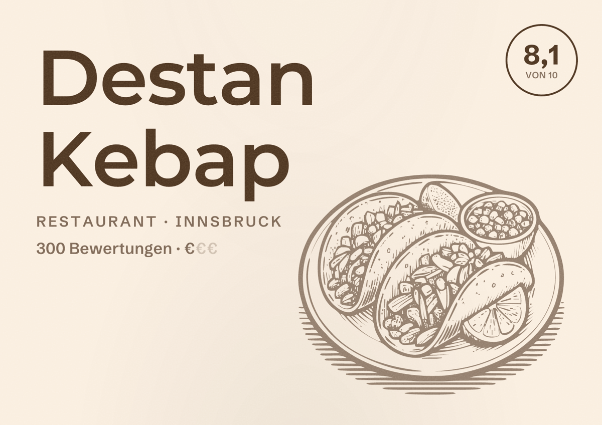 Illustriertes Poster von Destan Kebap, Restaurant in Innsbruck: Bewertung 8,1 von 10 aus 300 Bewertungen, Preisniveau €