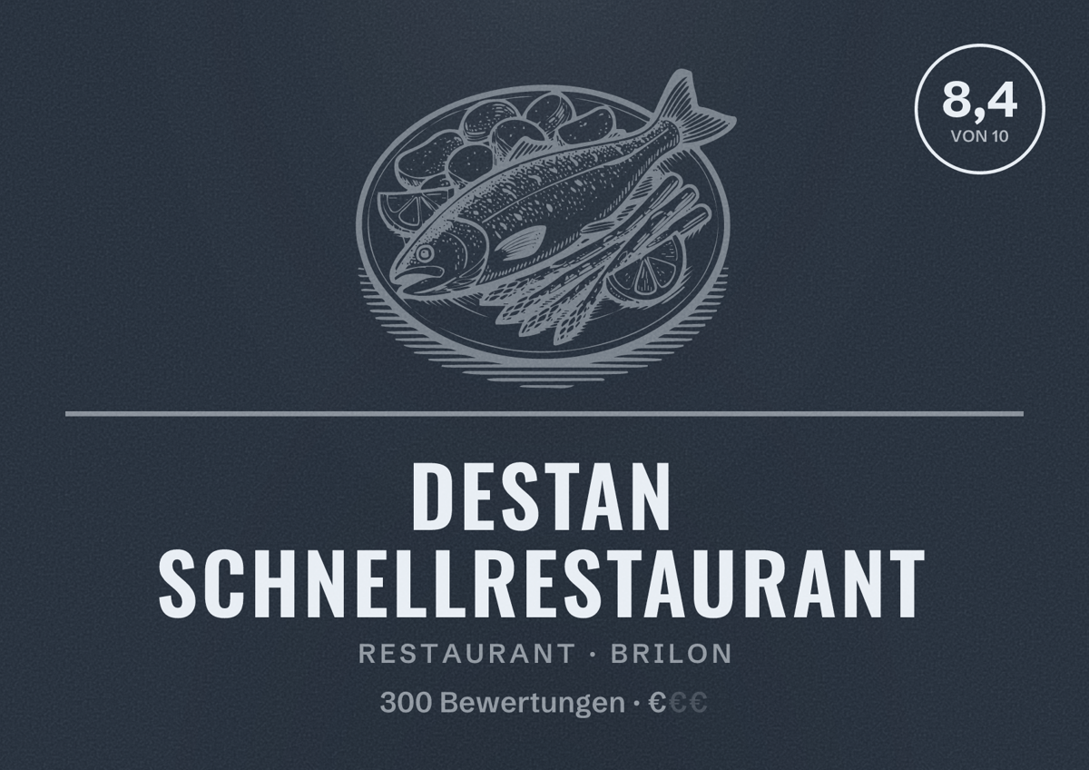 Illustriertes Poster von Destan Schnellrestaurant, Restaurant in Brilon: Bewertung 8,4 von 10 aus 300 Bewertungen, Preisniveau €