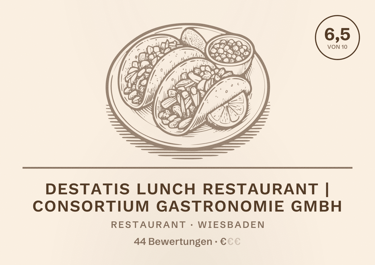 Illustriertes Poster von Destatis Lunch Restaurant | Consortium Gastronomie GmbH, Restaurant in Wiesbaden: Bewertung 6,5 von 10 aus 44 Bewertungen, Preisniveau €