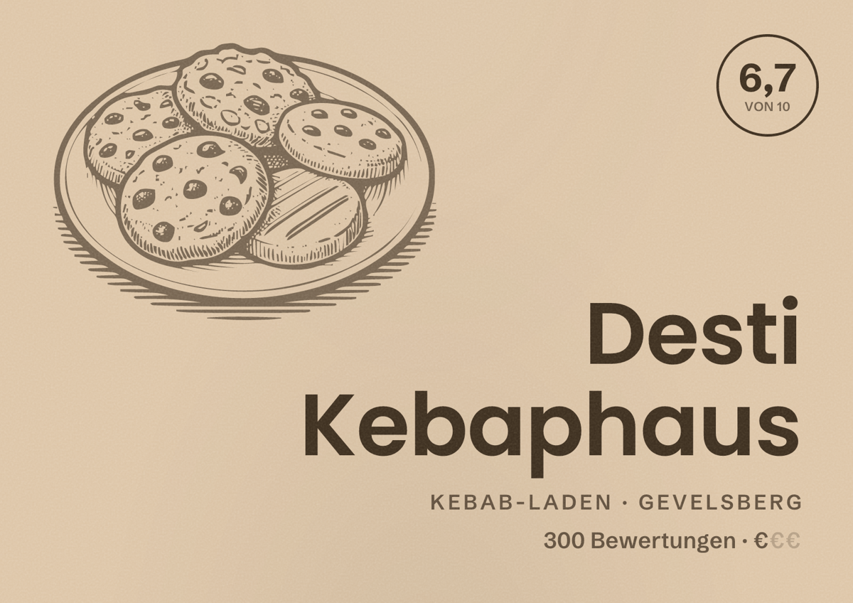 Illustriertes Poster von Desti Kebaphaus, Kebab-Laden in Gevelsberg: Bewertung 6,7 von 10 aus 300 Bewertungen, Preisniveau €