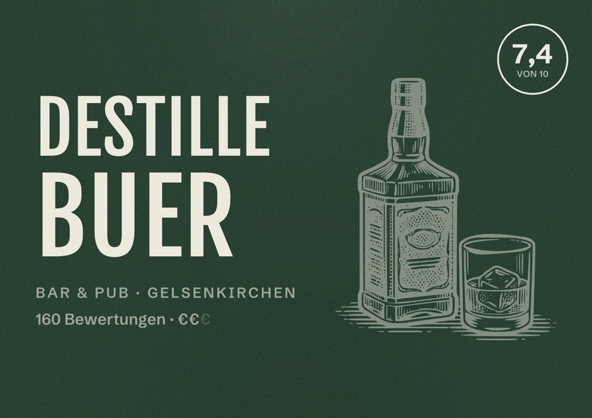 Illustriertes Poster von DESTILLE BUER, Bar & Pub in Gelsenkirchen: Bewertung 7,4 von 10 aus 160 Bewertungen, Preisniveau €€