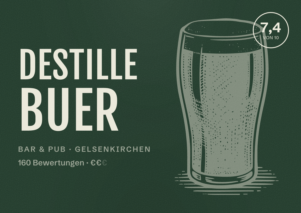 Illustriertes Poster von DESTILLE BUER, Bar & Pub in Gelsenkirchen: Bewertung 7,4 von 10 aus 160 Bewertungen, Preisniveau €€