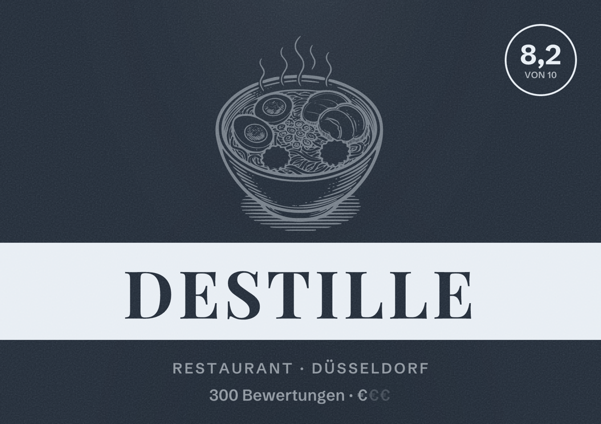 Illustriertes Poster von Destille, Restaurant in Düsseldorf: Bewertung 8,2 von 10 aus 300 Bewertungen, Preisniveau €