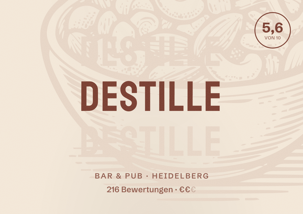 Illustriertes Poster von Destille, Bar & Pub in Heidelberg: Bewertung 5,6 von 10 aus 216 Bewertungen, Preisniveau €€