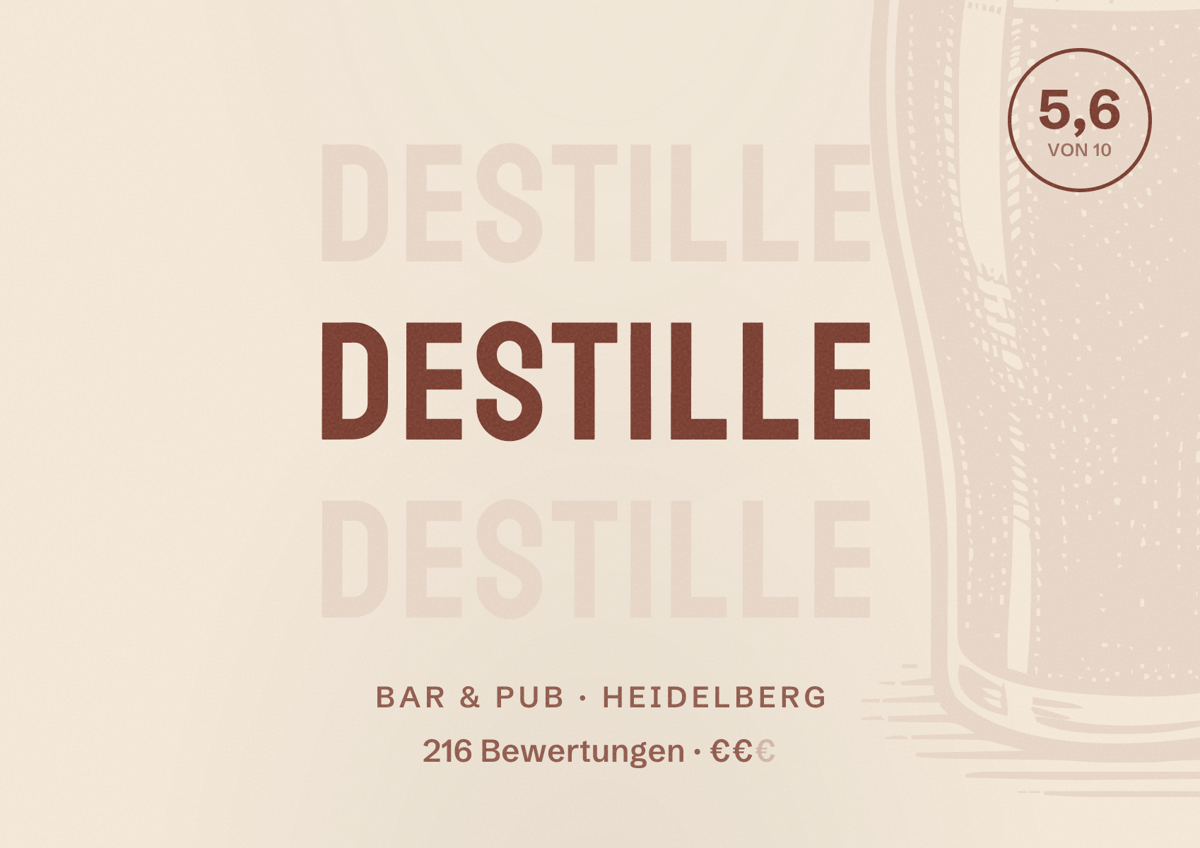 Illustriertes Poster von Destille, Bar & Pub in Heidelberg: Bewertung 5,6 von 10 aus 216 Bewertungen, Preisniveau €€