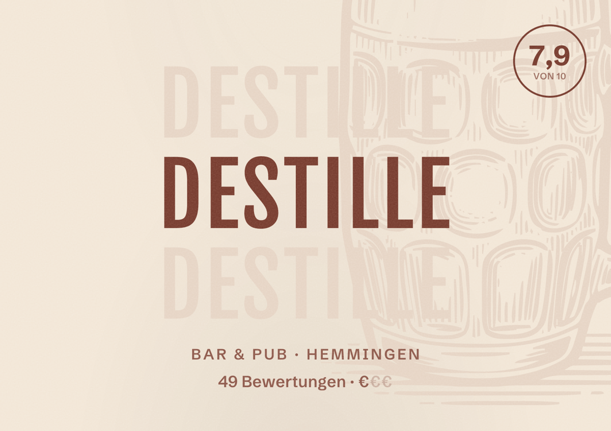 Illustriertes Poster von Destille, Bar & Pub in Hemmingen: Bewertung 7,9 von 10 aus 49 Bewertungen, Preisniveau €