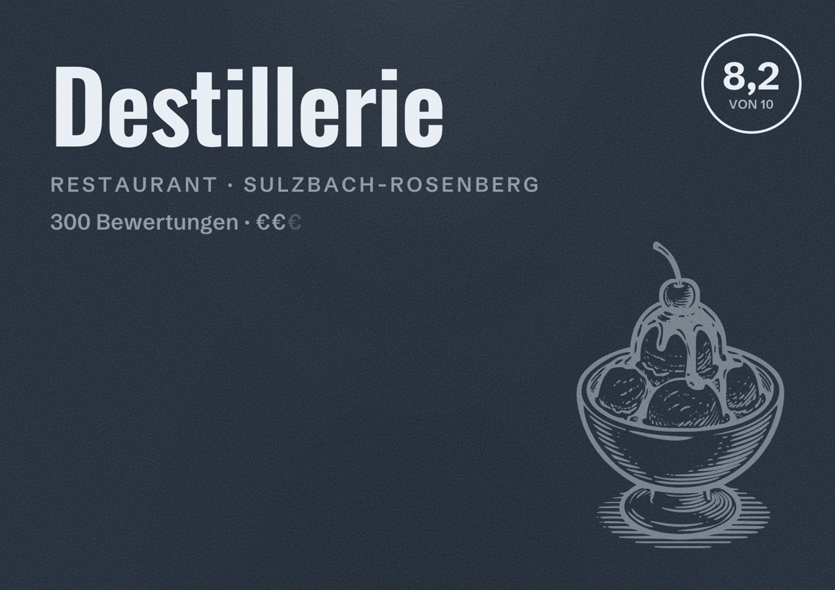 Illustriertes Poster von Destillerie, Restaurant in Sulzbach-Rosenberg: Bewertung 8,2 von 10 aus 300 Bewertungen, Preisniveau €€