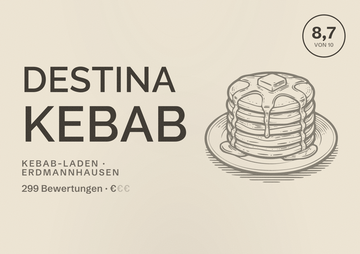 Illustriertes Poster von Destina Kebab, Kebab-Laden in Erdmannhausen: Bewertung 8,7 von 10 aus 299 Bewertungen, Preisniveau €