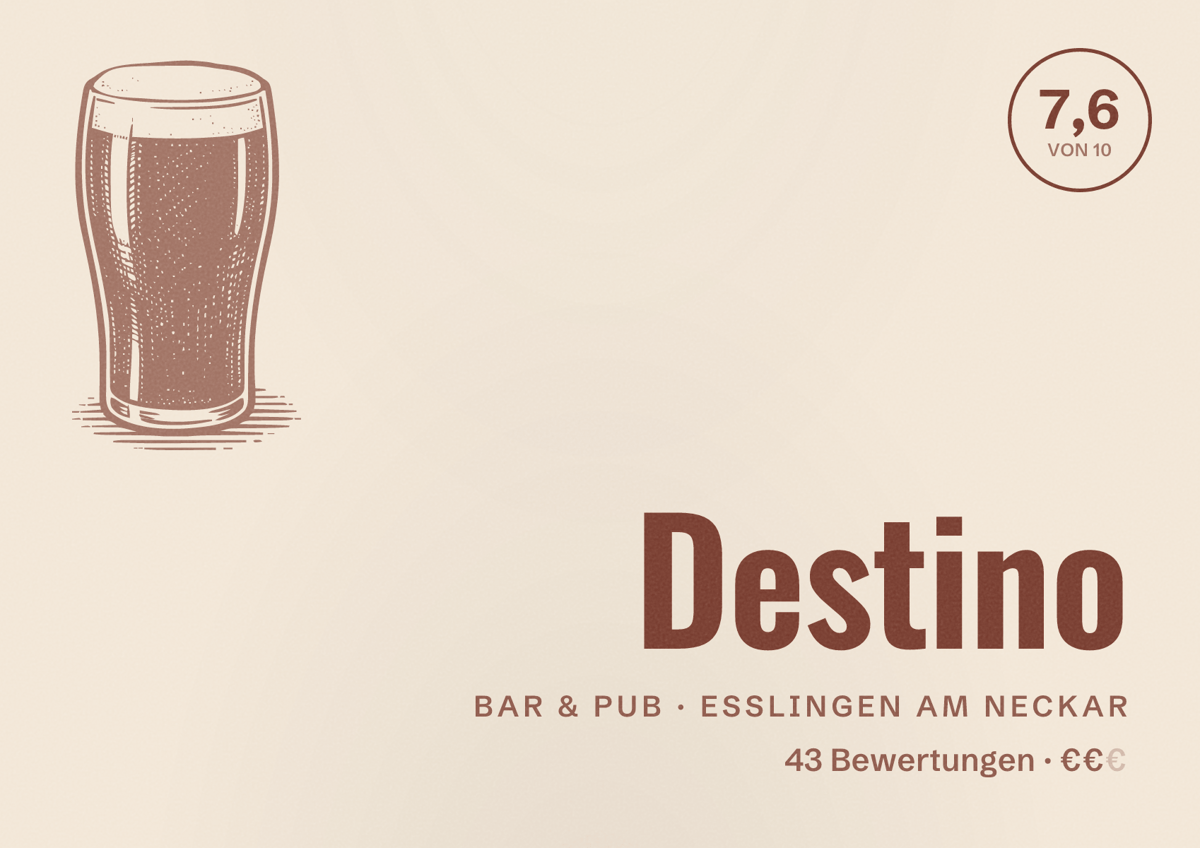 Illustriertes Poster von Destino, Bar & Pub in Esslingen am Neckar: Bewertung 7,6 von 10 aus 43 Bewertungen, Preisniveau €€