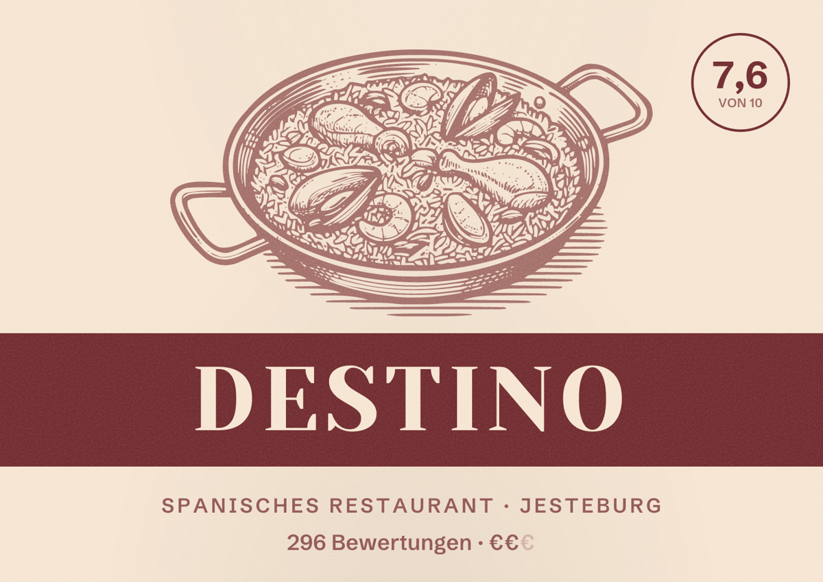 Illustriertes Poster von Destino, Spanisches Restaurant in Jesteburg: Bewertung 7,6 von 10 aus 296 Bewertungen, Preisniveau €€
