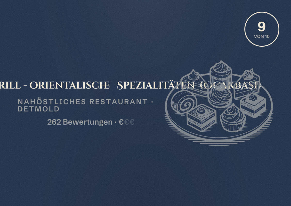 Illustriertes Poster von Detmolder Grill - orientalische Spezialitäten (Ocakbasi), Nahöstliches Restaurant in Detmold: Bewertung 9 von 10 aus 262 Bewertungen, Preisniveau €