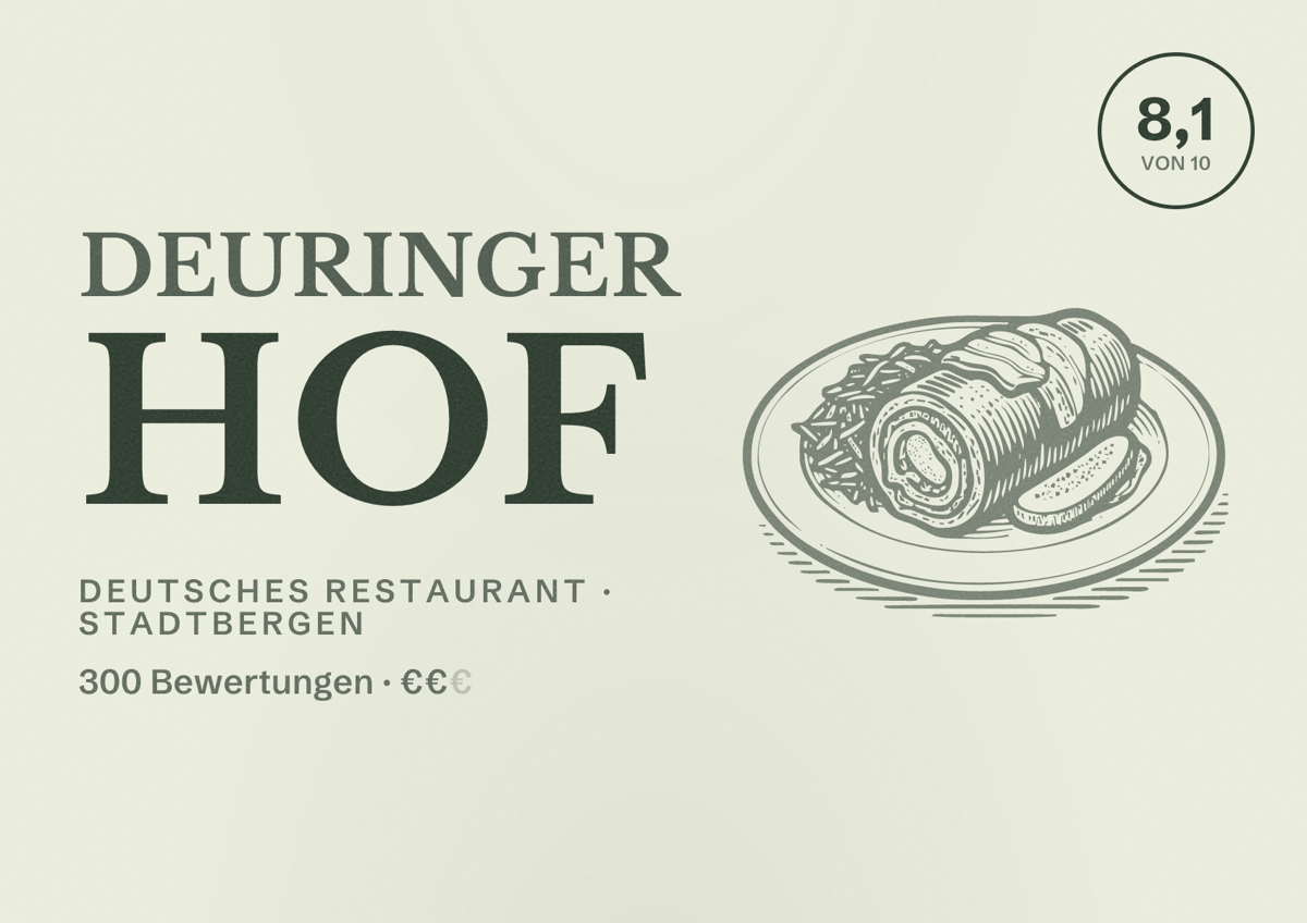 Illustriertes Poster von Deuringer Hof, Deutsches Restaurant in Stadtbergen: Bewertung 8,1 von 10 aus 300 Bewertungen, Preisniveau €€