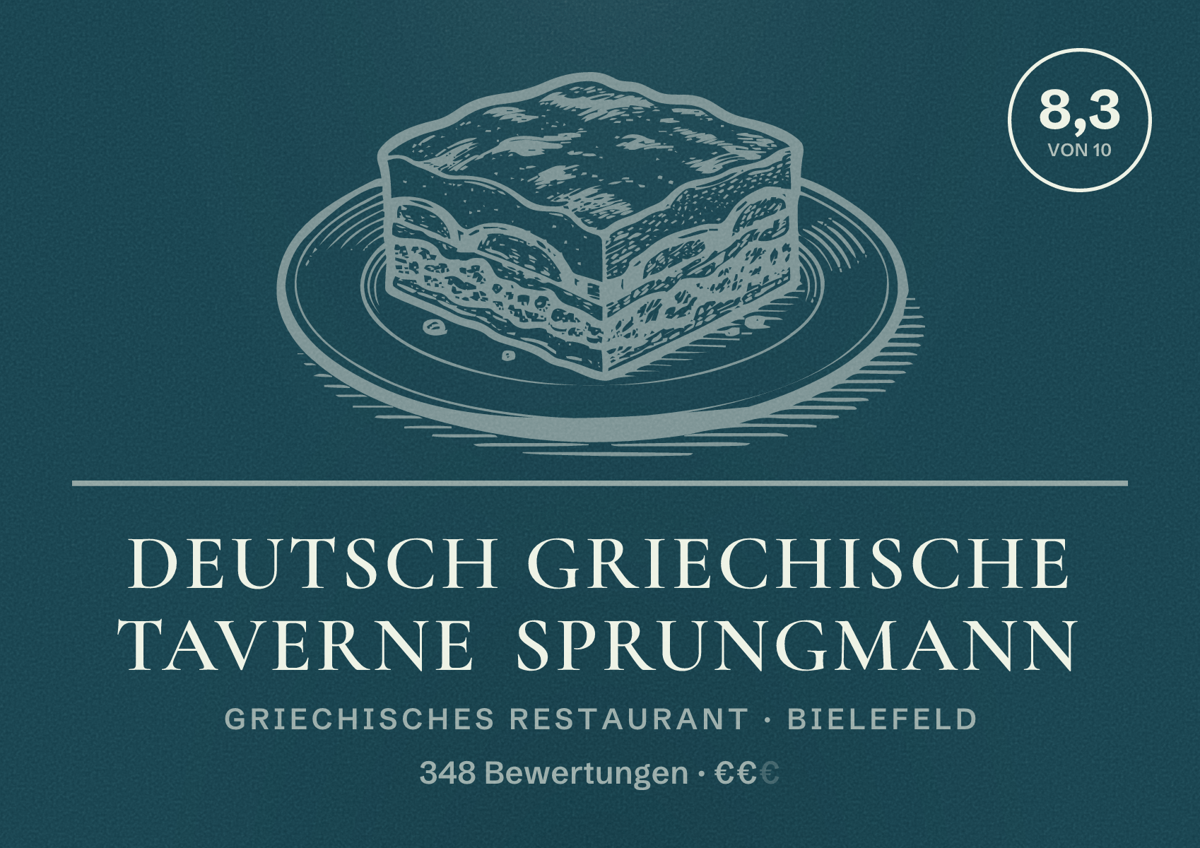 Illustriertes Poster von Deutsch Griechische Taverne Sprungmann, Griechisches Restaurant in Bielefeld: Bewertung 8,3 von 10 aus 348 Bewertungen, Preisniveau €€