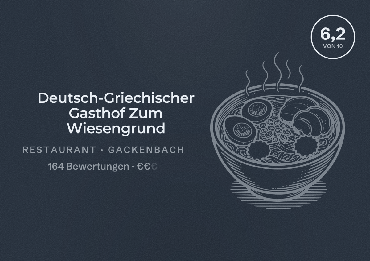 Illustriertes Poster von Deutsch-Griechischer Gasthof Zum Wiesengrund, Restaurant in Gackenbach: Bewertung 6,2 von 10 aus 164 Bewertungen, Preisniveau €€
