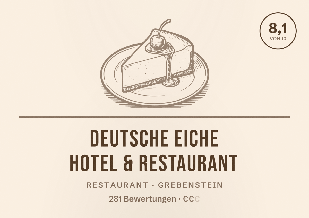 Illustriertes Poster von Deutsche Eiche Hotel & Restaurant, Restaurant in Grebenstein: Bewertung 8,1 von 10 aus 281 Bewertungen, Preisniveau €€