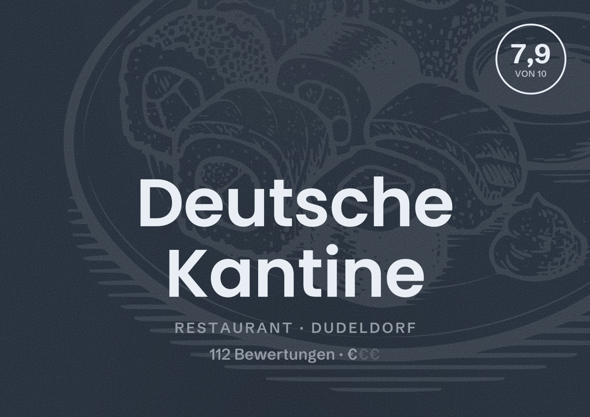 Illustriertes Poster von Deutsche Kantine, Restaurant in Dudeldorf: Bewertung 7,9 von 10 aus 112 Bewertungen, Preisniveau €