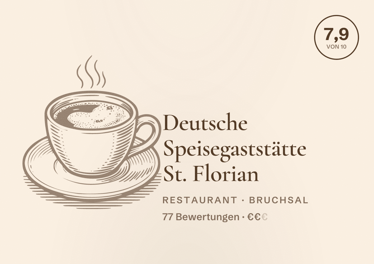 Illustriertes Poster von Deutsche Speisegaststätte St. Florian, Restaurant in Bruchsal: Bewertung 7,9 von 10 aus 77 Bewertungen, Preisniveau €€