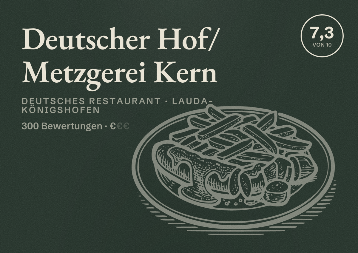 Illustriertes Poster von Deutscher Hof/ Metzgerei Kern, Deutsches Restaurant in Lauda-Königshofen: Bewertung 7,3 von 10 aus 300 Bewertungen, Preisniveau €