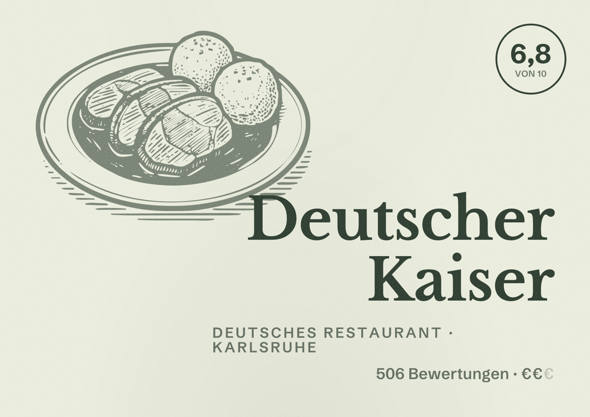Illustriertes Poster von Deutscher Kaiser, Deutsches Restaurant in Karlsruhe: Bewertung 6,8 von 10 aus 506 Bewertungen, Preisniveau €€
