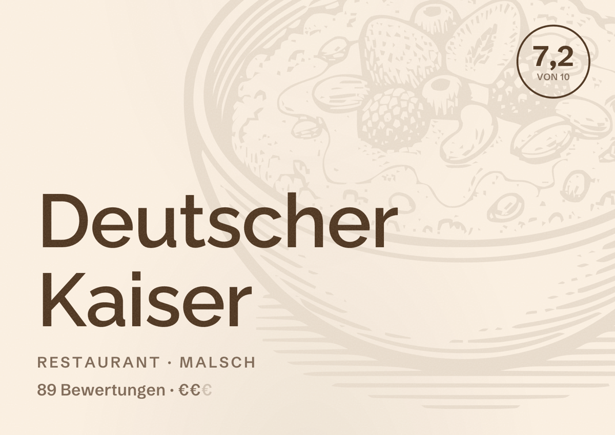 Illustriertes Poster von Deutscher Kaiser, Restaurant in Malsch: Bewertung 7,2 von 10 aus 89 Bewertungen, Preisniveau €€