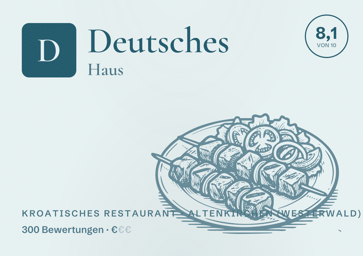 Illustriertes Poster von Deutsches Haus, Kroatisches Restaurant in Altenkirchen (Westerwald): Bewertung 8,1 von 10 aus 300 Bewertungen, Preisniveau €