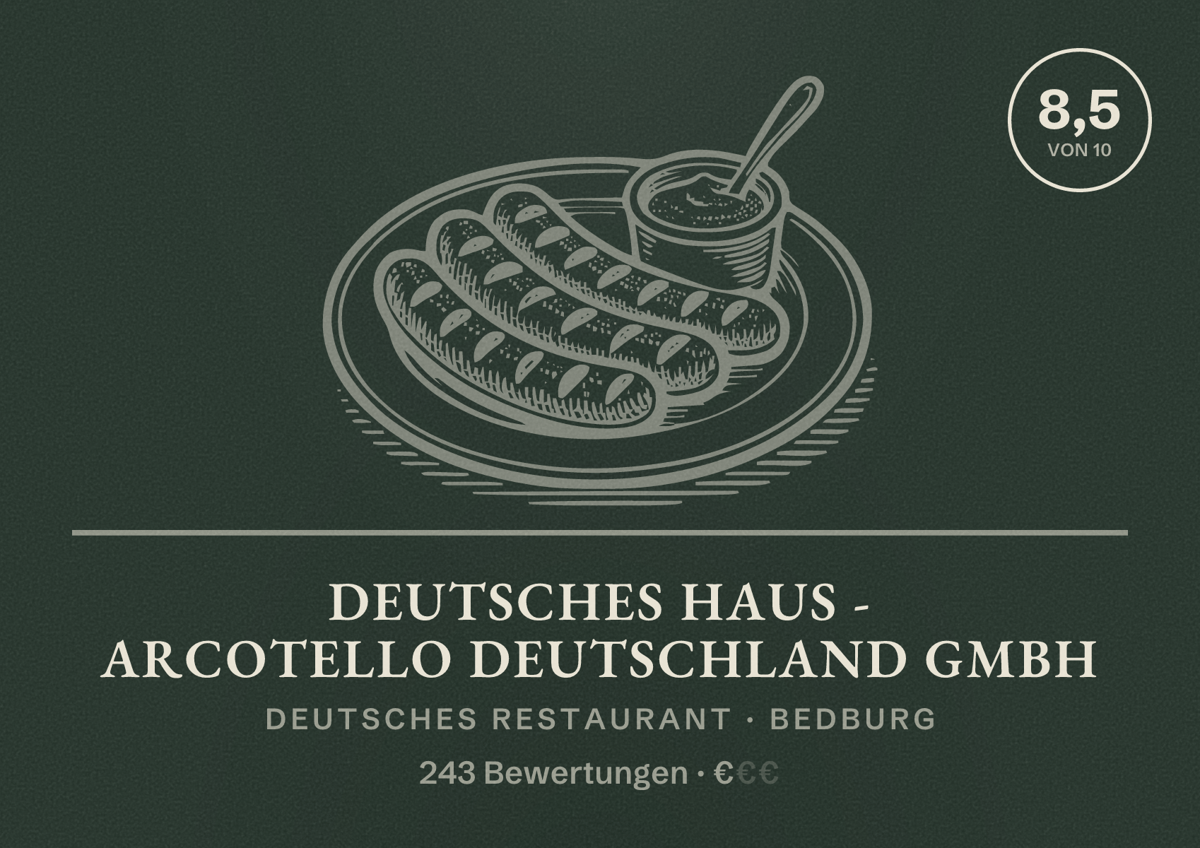 Illustriertes Poster von Deutsches Haus - Arcotello Deutschland GmbH, Deutsches Restaurant in Bedburg: Bewertung 8,5 von 10 aus 243 Bewertungen, Preisniveau €