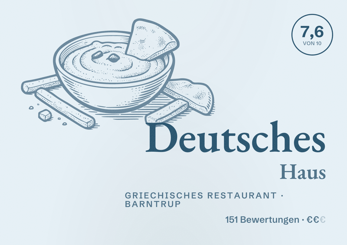 Illustriertes Poster von Deutsches Haus, Griechisches Restaurant in Barntrup: Bewertung 7,6 von 10 aus 151 Bewertungen, Preisniveau €€
