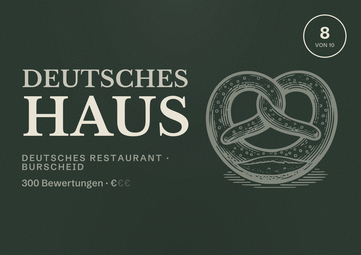 Illustriertes Poster von Deutsches Haus, Deutsches Restaurant in Burscheid: Bewertung 8 von 10 aus 300 Bewertungen, Preisniveau €