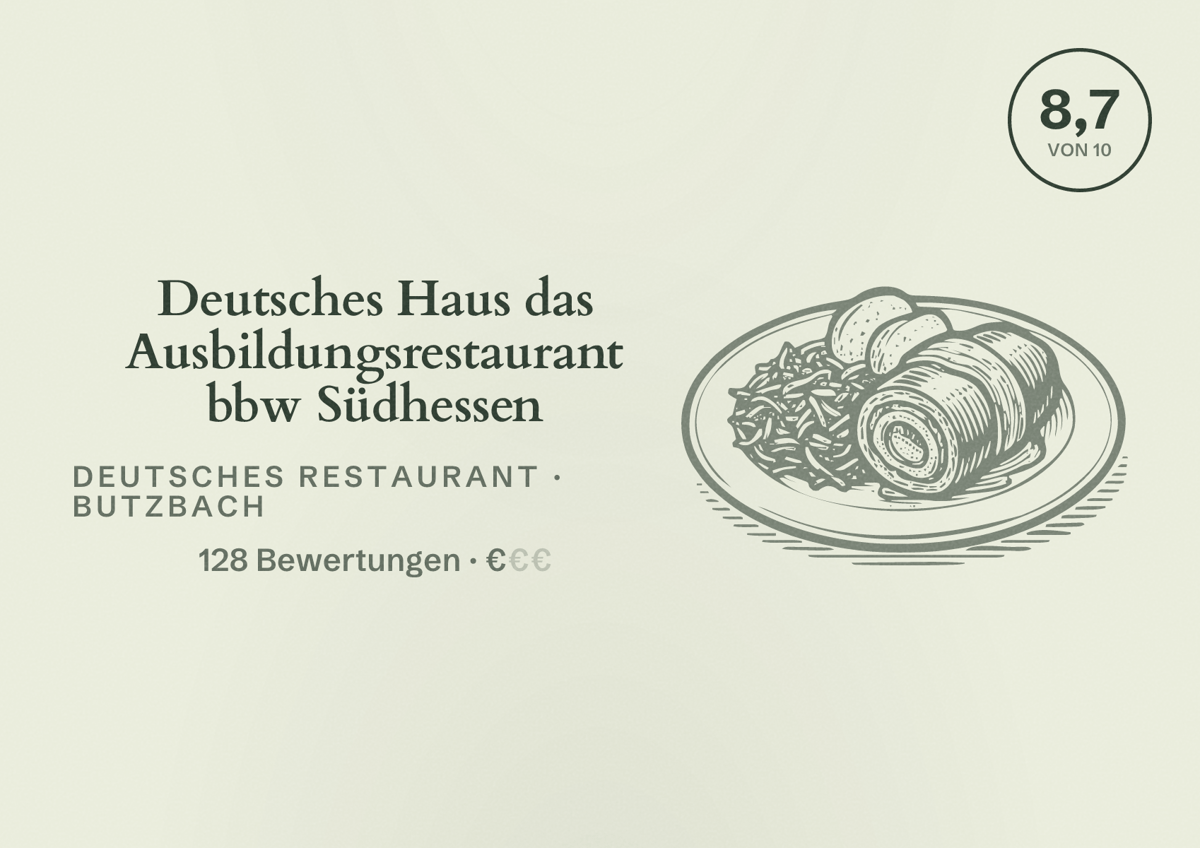 Illustriertes Poster von Deutsches Haus das Ausbildungsrestaurant bbw Südhessen, Deutsches Restaurant in Butzbach: Bewertung 8,7 von 10 aus 128 Bewertungen, Preisniveau €