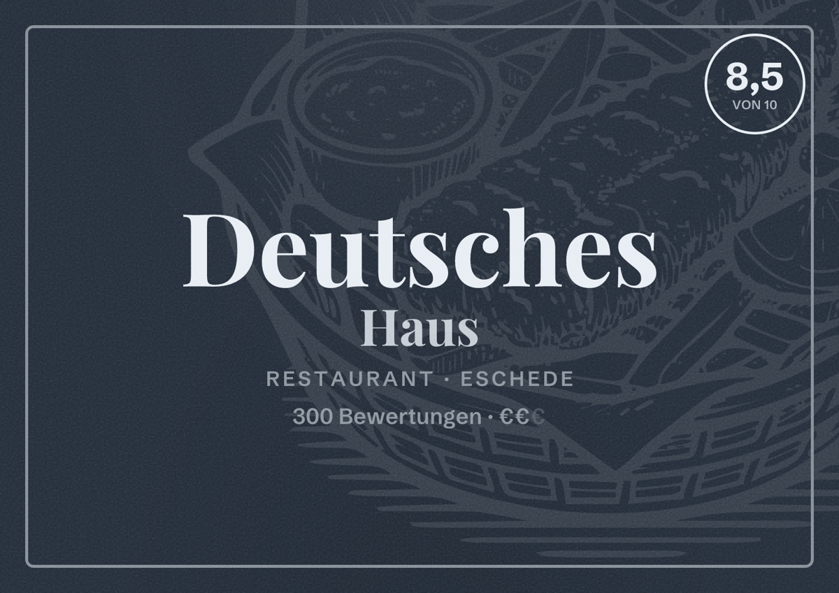 Illustriertes Poster von Deutsches Haus, Restaurant in Eschede: Bewertung 8,5 von 10 aus 300 Bewertungen, Preisniveau €€