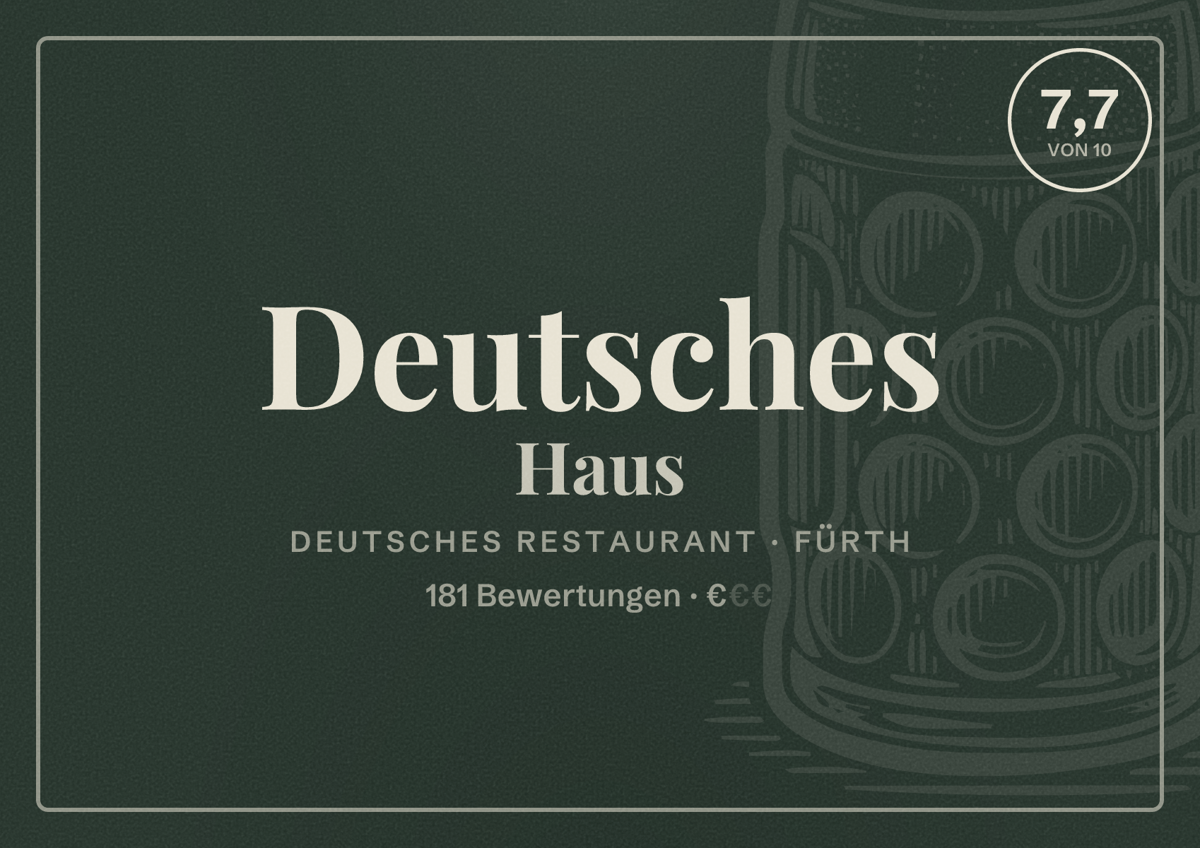 Illustriertes Poster von Deutsches Haus, Deutsches Restaurant in Fürth: Bewertung 7,7 von 10 aus 181 Bewertungen, Preisniveau €