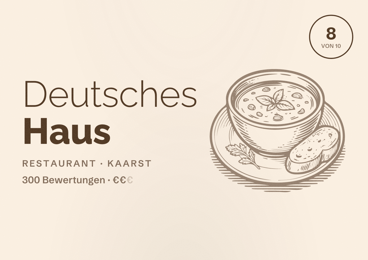 Illustriertes Poster von Deutsches Haus, Restaurant in Kaarst: Bewertung 8 von 10 aus 300 Bewertungen, Preisniveau €€