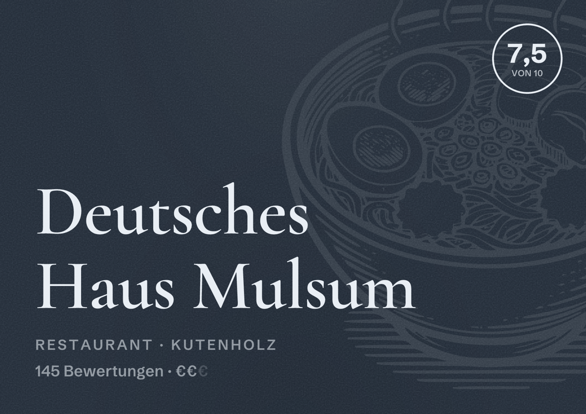 Illustriertes Poster von Deutsches Haus Mulsum, Restaurant in Kutenholz: Bewertung 7,5 von 10 aus 145 Bewertungen, Preisniveau €€