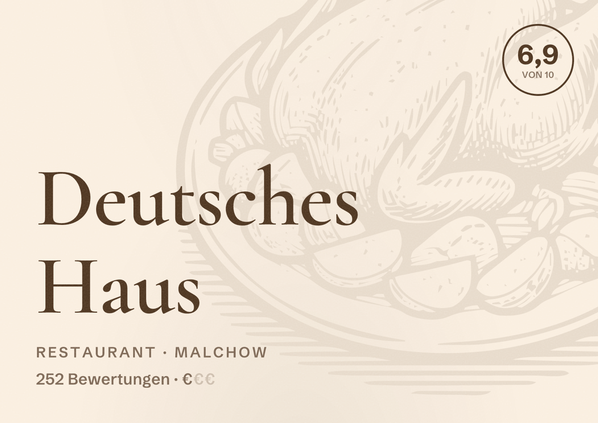Illustriertes Poster von Deutsches Haus, Restaurant in Malchow: Bewertung 6,9 von 10 aus 252 Bewertungen, Preisniveau €