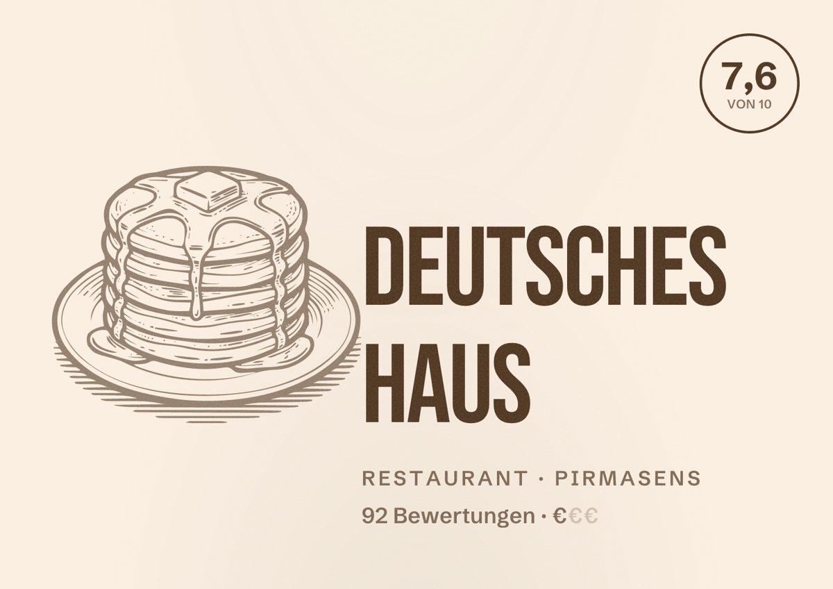 Illustriertes Poster von Deutsches Haus, Restaurant in Pirmasens: Bewertung 7,6 von 10 aus 92 Bewertungen, Preisniveau €