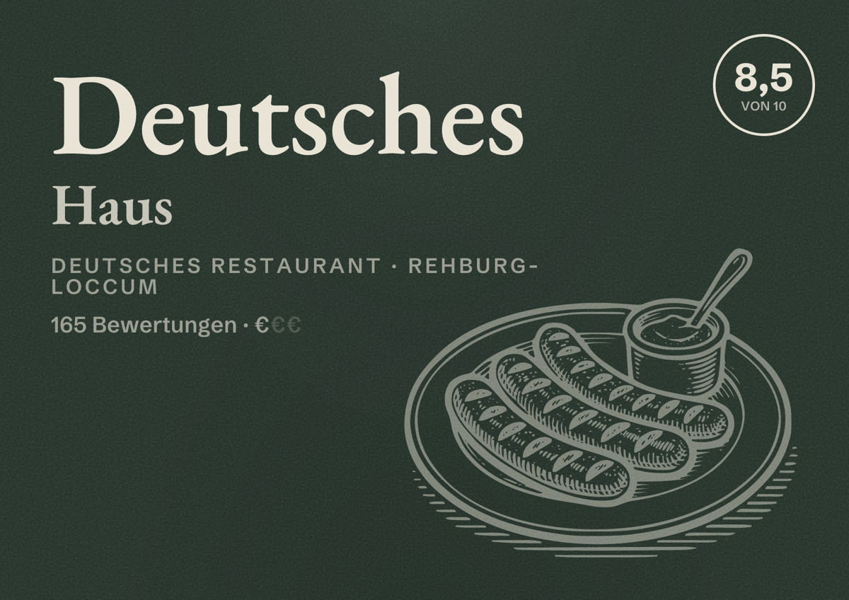 Illustriertes Poster von Deutsches Haus, Deutsches Restaurant in Rehburg-Loccum: Bewertung 8,5 von 10 aus 165 Bewertungen, Preisniveau €