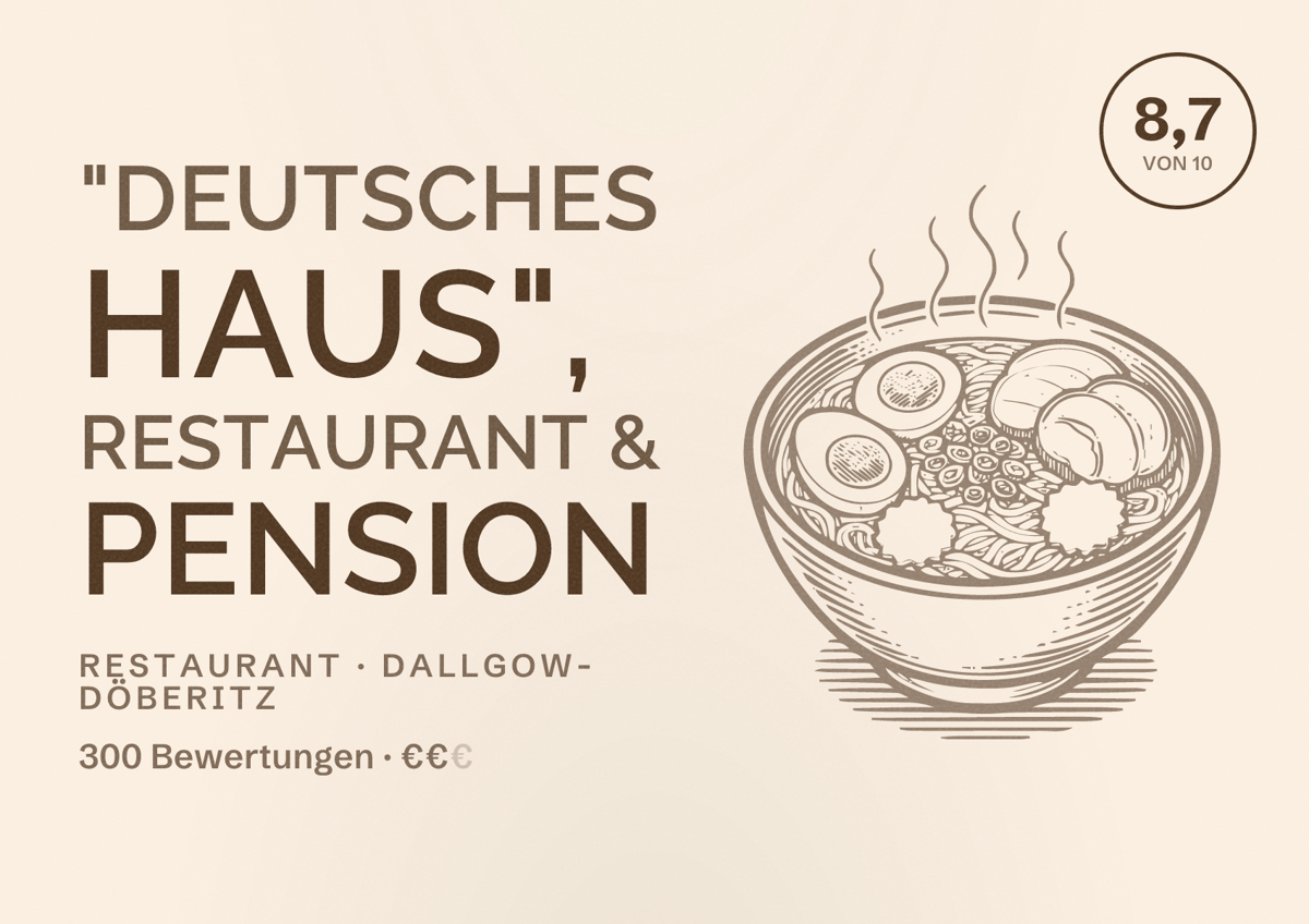 Illustriertes Poster von "Deutsches Haus", Restaurant & Pension, Restaurant in Dallgow-Döberitz: Bewertung 8,7 von 10 aus 300 Bewertungen, Preisniveau €€