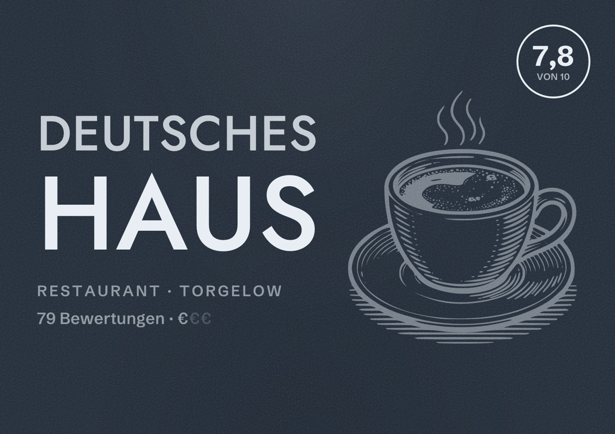 Illustriertes Poster von Deutsches Haus, Restaurant in Torgelow: Bewertung 7,8 von 10 aus 79 Bewertungen, Preisniveau €