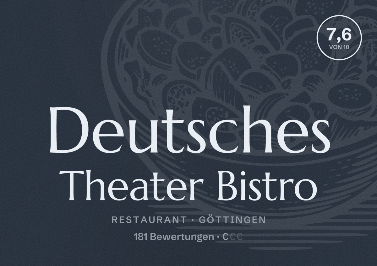 Illustriertes Poster von Deutsches Theater Bistro, Restaurant in Göttingen: Bewertung 7,6 von 10 aus 181 Bewertungen, Preisniveau €