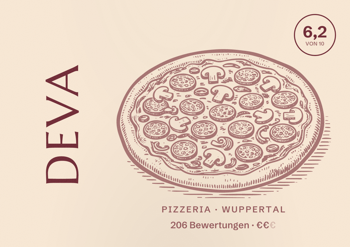 Illustriertes Poster von Deva, Pizzeria in Wuppertal: Bewertung 6,2 von 10 aus 206 Bewertungen, Preisniveau €€