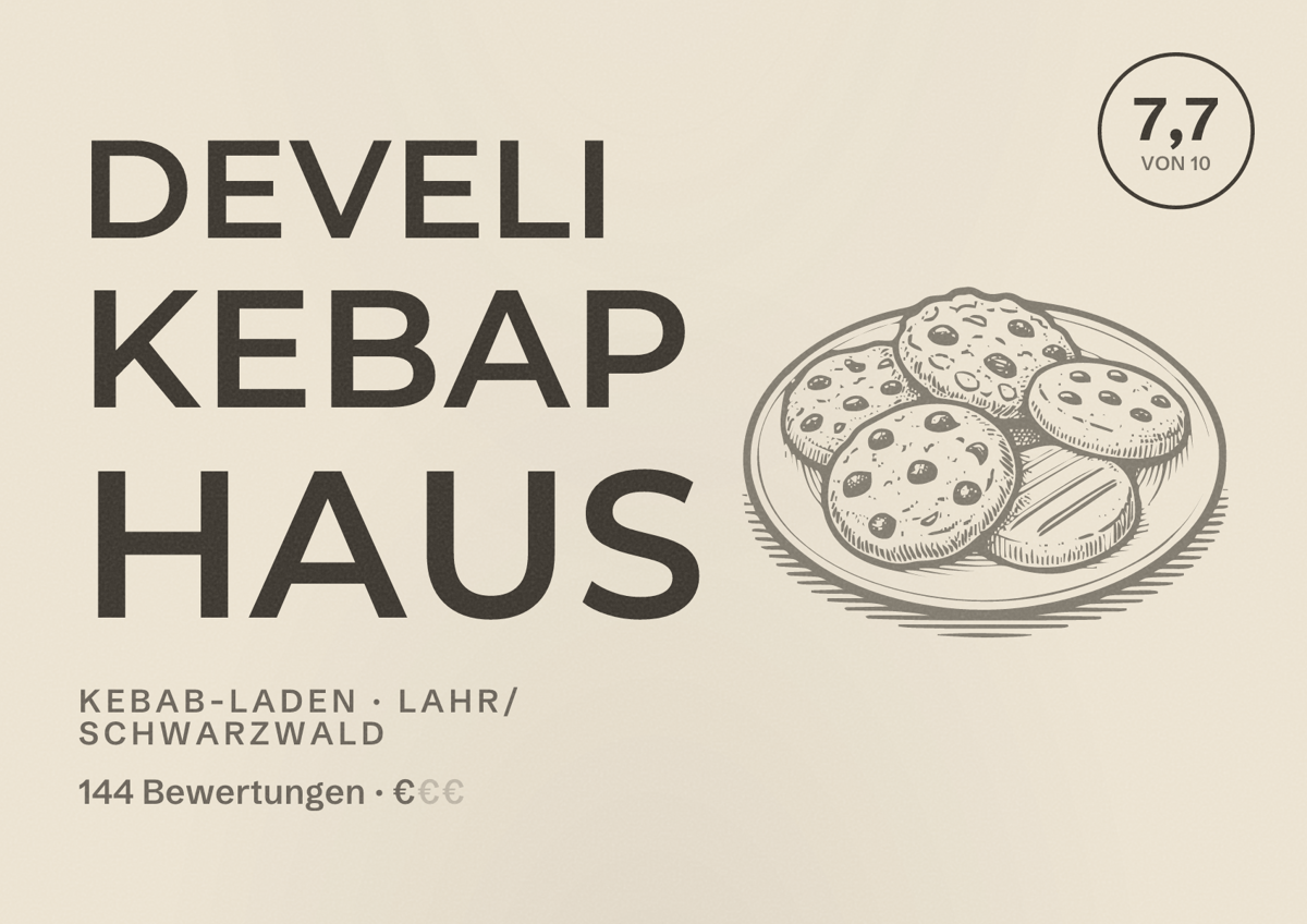 Illustriertes Poster von Develi Kebap Haus, Kebab-Laden in Lahr/Schwarzwald: Bewertung 7,7 von 10 aus 144 Bewertungen, Preisniveau €