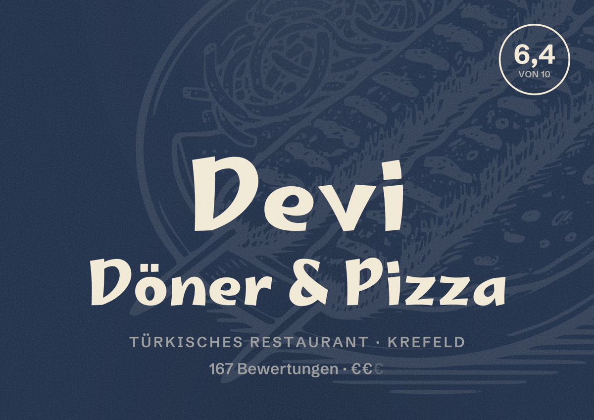 Illustriertes Poster von Devi Döner & Pizza, Türkisches Restaurant in Krefeld: Bewertung 6,4 von 10 aus 167 Bewertungen, Preisniveau €€