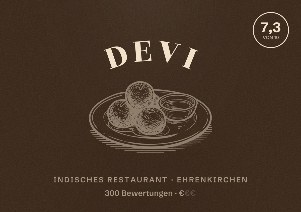 Illustriertes Poster von Devi, Indisches Restaurant in Ehrenkirchen: Bewertung 7,3 von 10 aus 300 Bewertungen, Preisniveau €