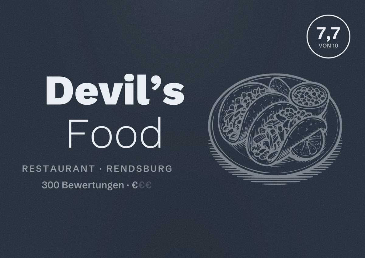 Illustriertes Poster von Devil’s Food, Restaurant in Rendsburg: Bewertung 7,7 von 10 aus 300 Bewertungen, Preisniveau €