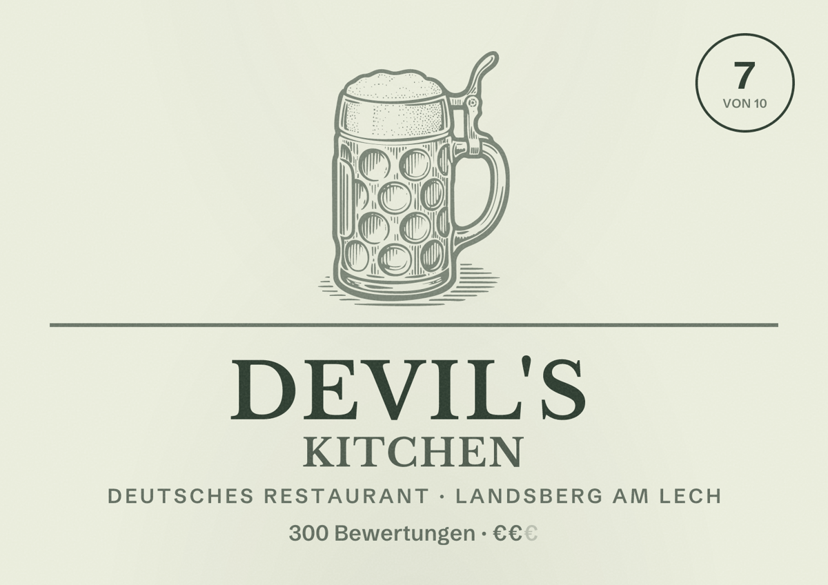 Illustriertes Poster von Devil's Kitchen, Deutsches Restaurant in Landsberg am Lech: Bewertung 7 von 10 aus 300 Bewertungen, Preisniveau €€