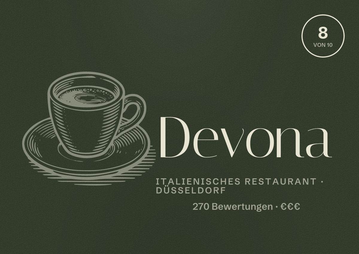 Illustriertes Poster von Devona, Italienisches Restaurant in Düsseldorf: Bewertung 8 von 10 aus 270 Bewertungen, Preisniveau €€€