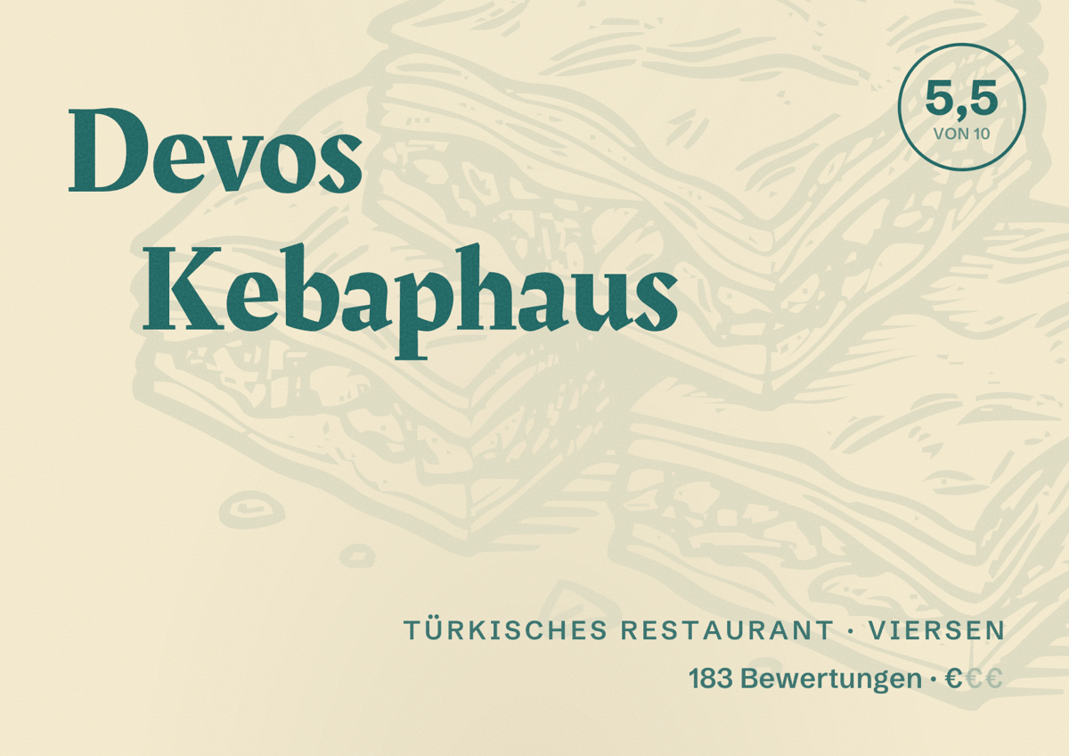 Illustriertes Poster von Devos Kebaphaus, Türkisches Restaurant in Viersen: Bewertung 5,5 von 10 aus 183 Bewertungen, Preisniveau €