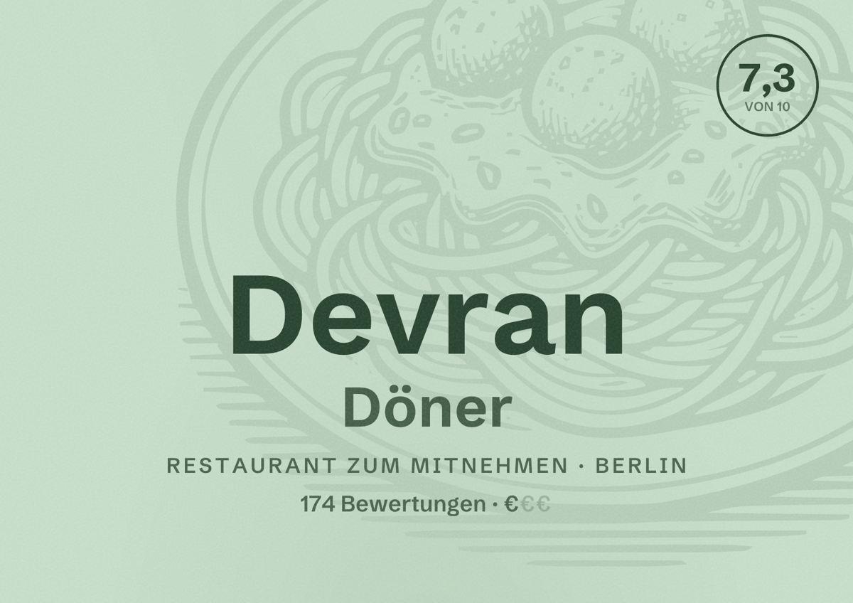 Illustriertes Poster von Devran Döner, Restaurant zum Mitnehmen in Berlin: Bewertung 7,3 von 10 aus 174 Bewertungen, Preisniveau €